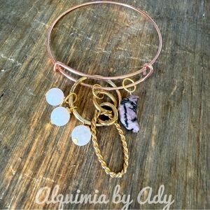 RHODONITE MOON PINK QUARTZ GOLD BANGLE BRACELET